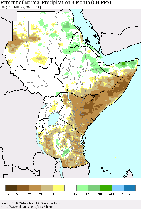 Eastern Africa Percent of Normal Precipitation 3-Month (CHIRPS) Thematic Map For 8/21/2021 - 11/20/2021