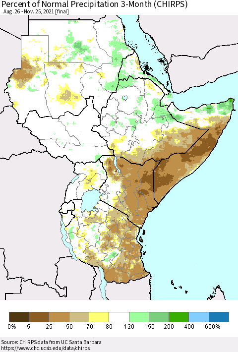 Eastern Africa Percent of Normal Precipitation 3-Month (CHIRPS) Thematic Map For 8/26/2021 - 11/25/2021