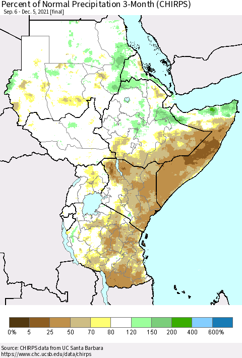 Eastern Africa Percent of Normal Precipitation 3-Month (CHIRPS) Thematic Map For 9/6/2021 - 12/5/2021