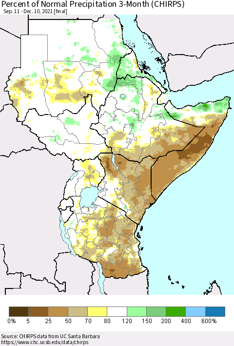 Eastern Africa Percent of Normal Precipitation 3-Month (CHIRPS) Thematic Map For 9/11/2021 - 12/10/2021