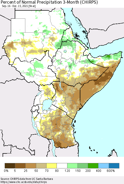 Eastern Africa Percent of Normal Precipitation 3-Month (CHIRPS) Thematic Map For 9/16/2021 - 12/15/2021