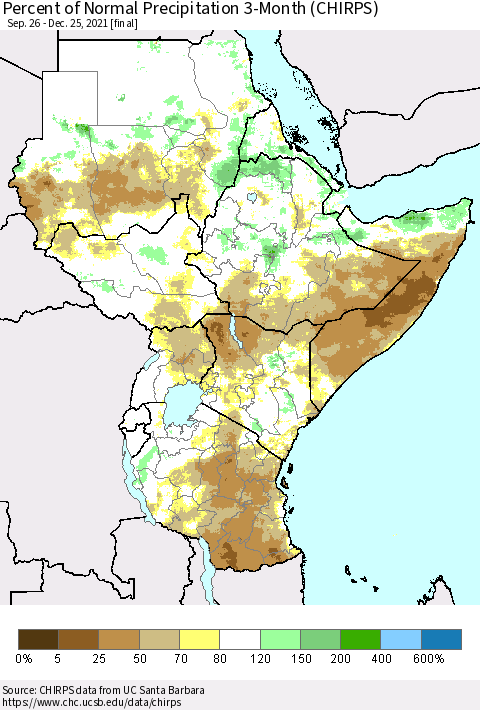 Eastern Africa Percent of Normal Precipitation 3-Month (CHIRPS) Thematic Map For 9/26/2021 - 12/25/2021
