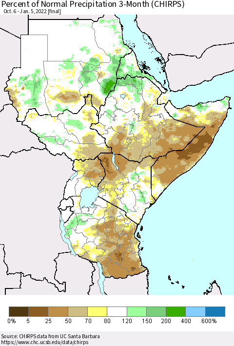 Eastern Africa Percent of Normal Precipitation 3-Month (CHIRPS) Thematic Map For 10/6/2021 - 1/5/2022