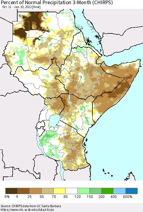 Eastern Africa Percent of Normal Precipitation 3-Month (CHIRPS) Thematic Map For 10/11/2021 - 1/10/2022