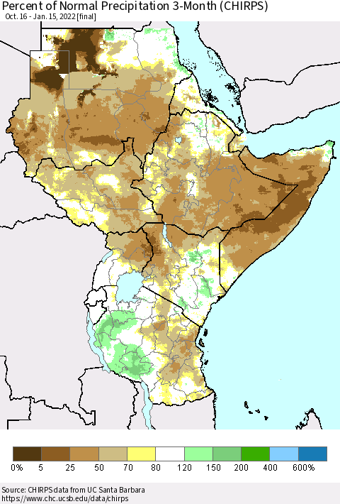 Eastern Africa Percent of Normal Precipitation 3-Month (CHIRPS) Thematic Map For 10/16/2021 - 1/15/2022