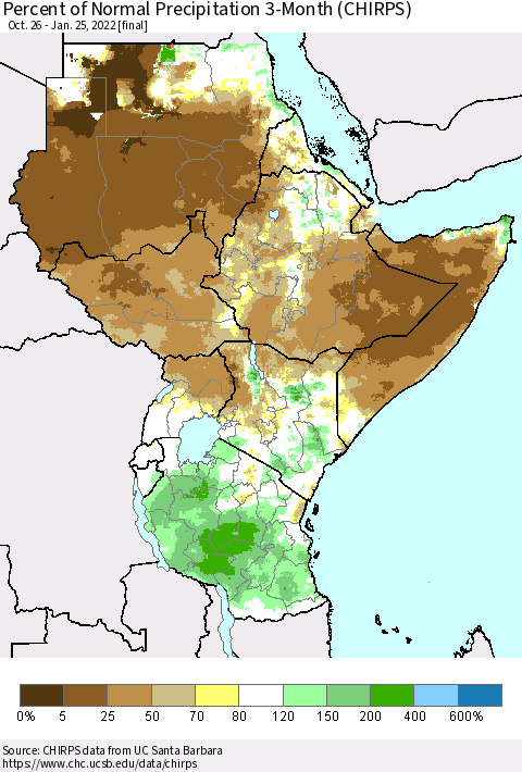 Eastern Africa Percent of Normal Precipitation 3-Month (CHIRPS) Thematic Map For 10/26/2021 - 1/25/2022