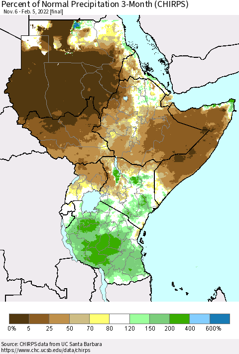 Eastern Africa Percent of Normal Precipitation 3-Month (CHIRPS) Thematic Map For 11/6/2021 - 2/5/2022