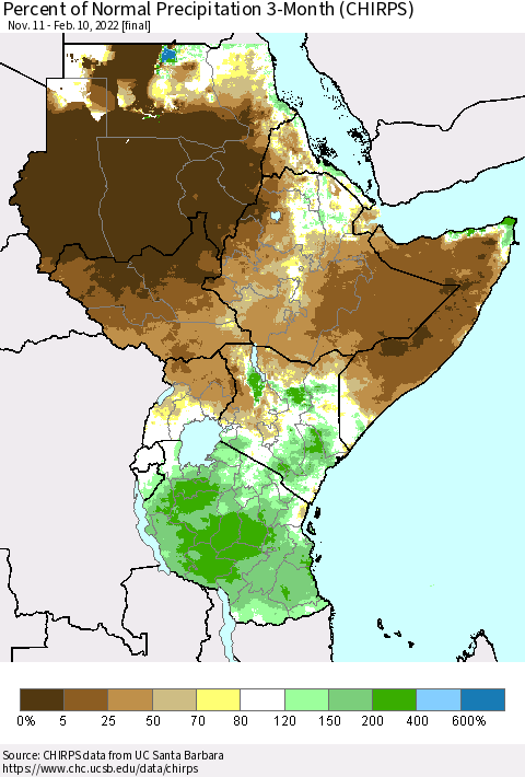 Eastern Africa Percent of Normal Precipitation 3-Month (CHIRPS) Thematic Map For 11/11/2021 - 2/10/2022