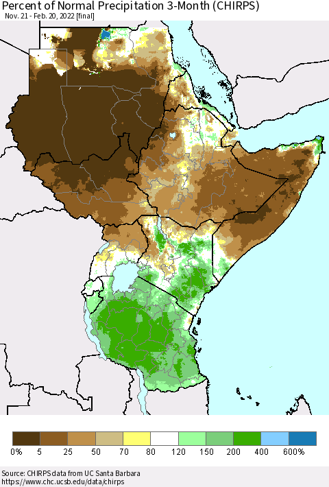 Eastern Africa Percent of Normal Precipitation 3-Month (CHIRPS) Thematic Map For 11/21/2021 - 2/20/2022