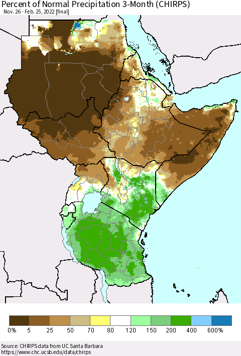 Eastern Africa Percent of Normal Precipitation 3-Month (CHIRPS) Thematic Map For 11/26/2021 - 2/25/2022