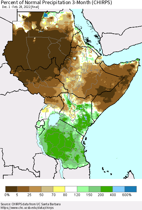 Eastern Africa Percent of Normal Precipitation 3-Month (CHIRPS) Thematic Map For 12/1/2021 - 2/28/2022