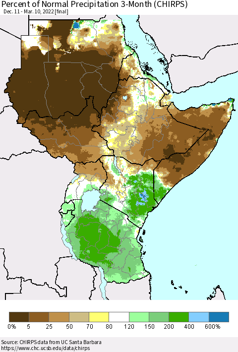 Eastern Africa Percent of Normal Precipitation 3-Month (CHIRPS) Thematic Map For 12/11/2021 - 3/10/2022