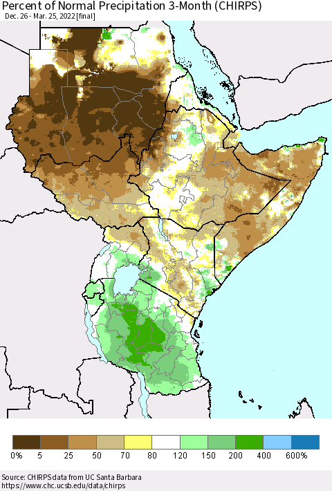 Eastern Africa Percent of Normal Precipitation 3-Month (CHIRPS) Thematic Map For 12/26/2021 - 3/25/2022