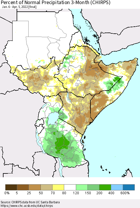 Eastern Africa Percent of Normal Precipitation 3-Month (CHIRPS) Thematic Map For 1/6/2022 - 4/5/2022