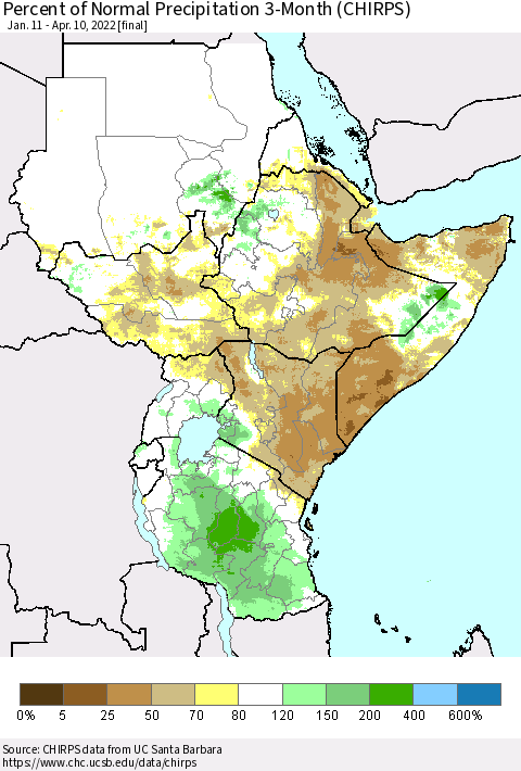 Eastern Africa Percent of Normal Precipitation 3-Month (CHIRPS) Thematic Map For 1/11/2022 - 4/10/2022