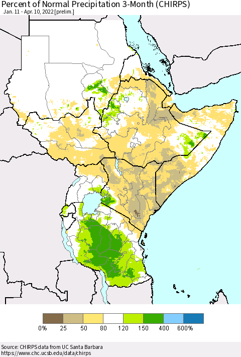 Eastern Africa Percent of Normal Precipitation 3-Month (CHIRPS) Thematic Map For 1/11/2022 - 4/10/2022