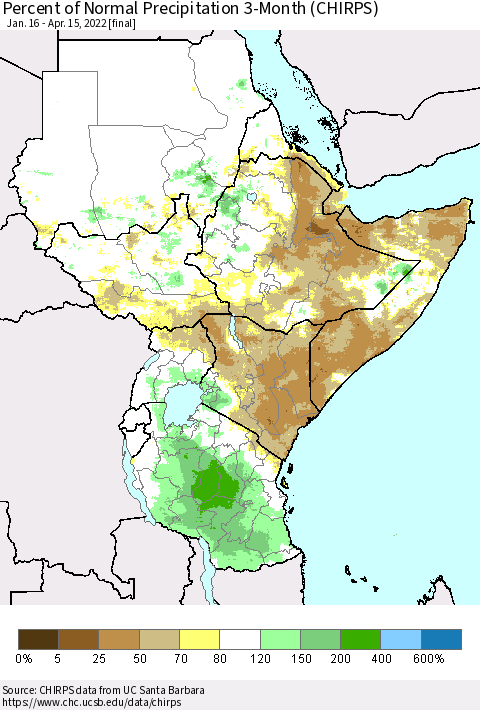 Eastern Africa Percent of Normal Precipitation 3-Month (CHIRPS) Thematic Map For 1/16/2022 - 4/15/2022