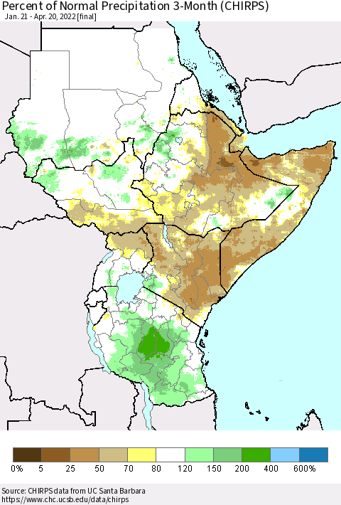 Eastern Africa Percent of Normal Precipitation 3-Month (CHIRPS) Thematic Map For 1/21/2022 - 4/20/2022