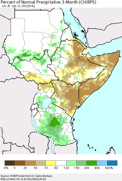 Eastern Africa Percent of Normal Precipitation 3-Month (CHIRPS) Thematic Map For 1/26/2022 - 4/25/2022