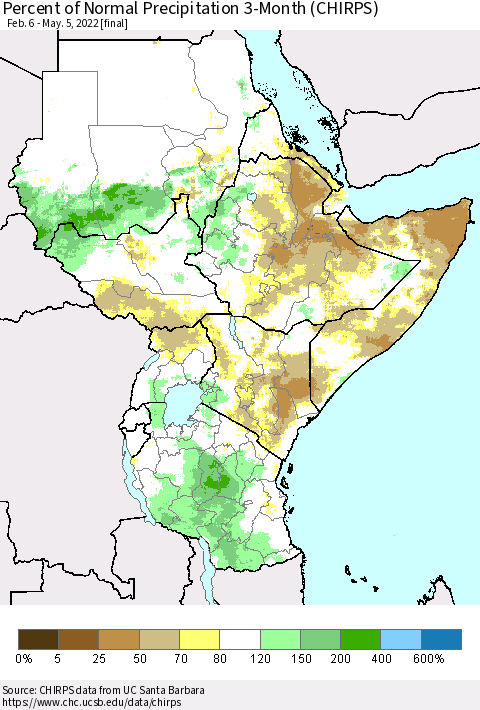 Eastern Africa Percent of Normal Precipitation 3-Month (CHIRPS) Thematic Map For 2/6/2022 - 5/5/2022