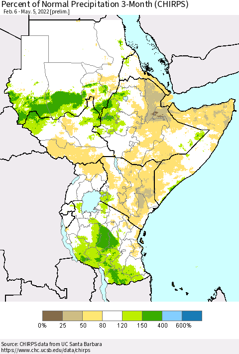 Eastern Africa Percent of Normal Precipitation 3-Month (CHIRPS) Thematic Map For 2/6/2022 - 5/5/2022