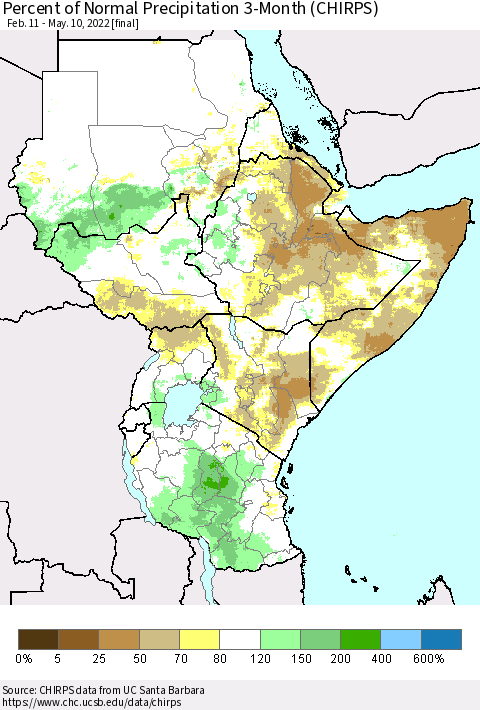 Eastern Africa Percent of Normal Precipitation 3-Month (CHIRPS) Thematic Map For 2/11/2022 - 5/10/2022
