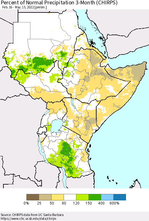 Eastern Africa Percent of Normal Precipitation 3-Month (CHIRPS) Thematic Map For 2/16/2022 - 5/15/2022