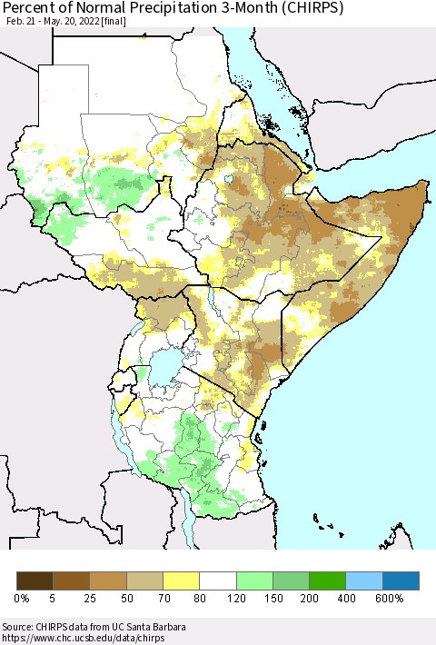 Eastern Africa Percent of Normal Precipitation 3-Month (CHIRPS) Thematic Map For 2/21/2022 - 5/20/2022