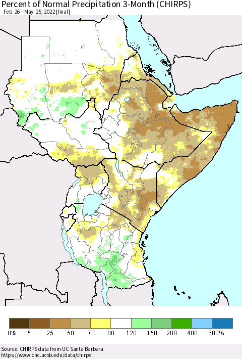 Eastern Africa Percent of Normal Precipitation 3-Month (CHIRPS) Thematic Map For 2/26/2022 - 5/25/2022