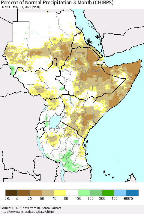 Eastern Africa Percent of Normal Precipitation 3-Month (CHIRPS) Thematic Map For 3/1/2022 - 5/31/2022