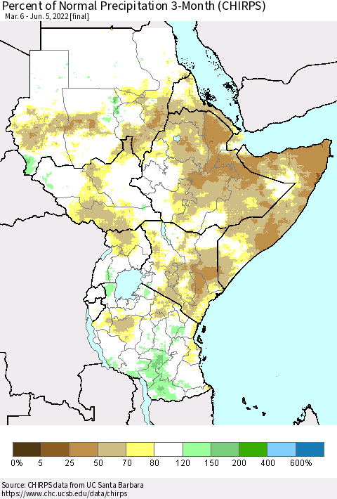 Eastern Africa Percent of Normal Precipitation 3-Month (CHIRPS) Thematic Map For 3/6/2022 - 6/5/2022