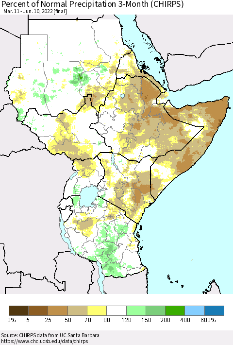 Eastern Africa Percent of Normal Precipitation 3-Month (CHIRPS) Thematic Map For 3/11/2022 - 6/10/2022