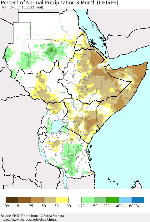 Eastern Africa Percent of Normal Precipitation 3-Month (CHIRPS) Thematic Map For 3/16/2022 - 6/15/2022