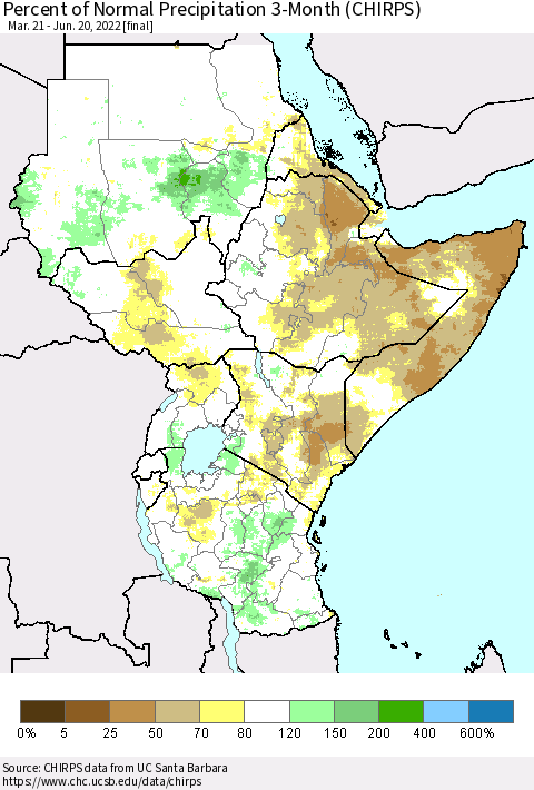 Eastern Africa Percent of Normal Precipitation 3-Month (CHIRPS) Thematic Map For 3/21/2022 - 6/20/2022