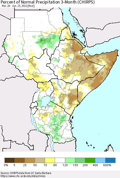Eastern Africa Percent of Normal Precipitation 3-Month (CHIRPS) Thematic Map For 3/26/2022 - 6/25/2022