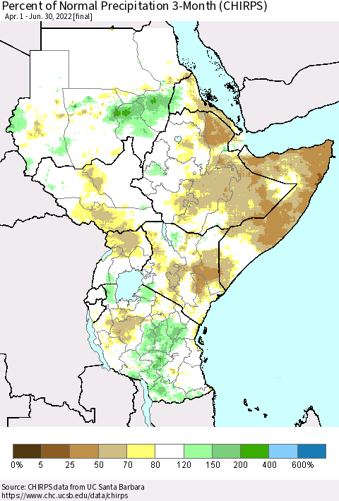 Eastern Africa Percent of Normal Precipitation 3-Month (CHIRPS) Thematic Map For 4/1/2022 - 6/30/2022