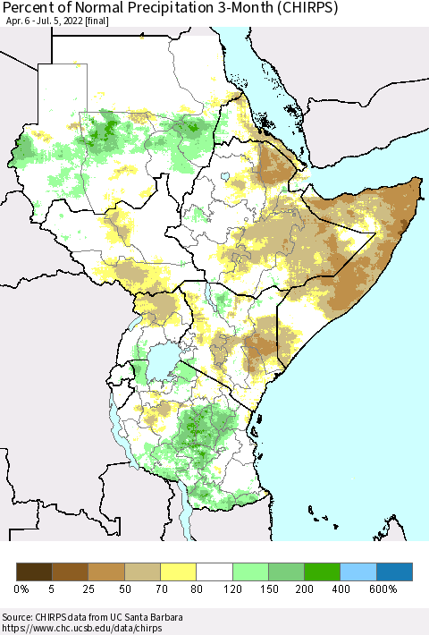 Eastern Africa Percent of Normal Precipitation 3-Month (CHIRPS) Thematic Map For 4/6/2022 - 7/5/2022
