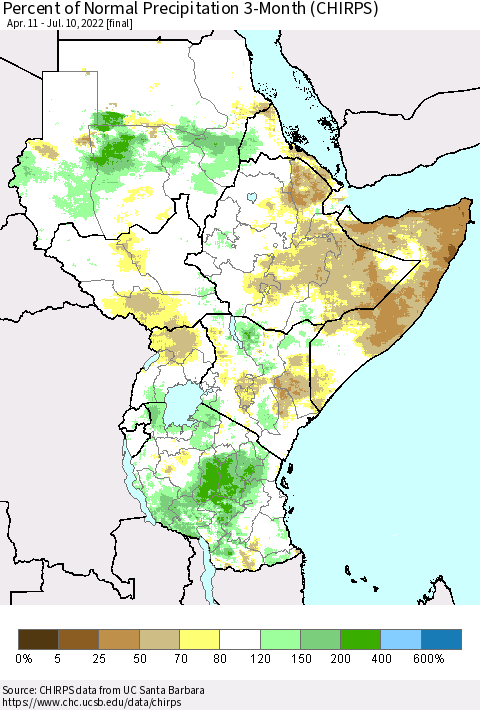 Eastern Africa Percent of Normal Precipitation 3-Month (CHIRPS) Thematic Map For 4/11/2022 - 7/10/2022