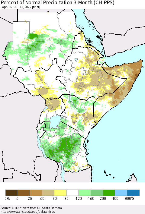 Eastern Africa Percent of Normal Precipitation 3-Month (CHIRPS) Thematic Map For 4/16/2022 - 7/15/2022