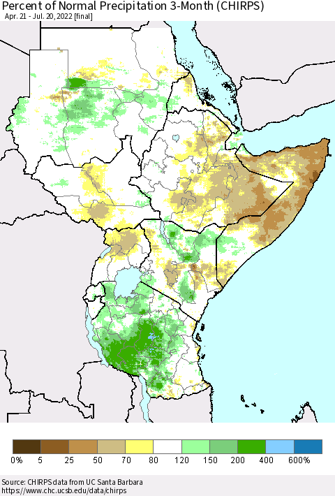 Eastern Africa Percent of Normal Precipitation 3-Month (CHIRPS) Thematic Map For 4/21/2022 - 7/20/2022