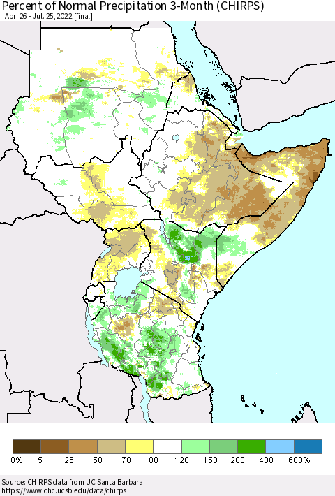 Eastern Africa Percent of Normal Precipitation 3-Month (CHIRPS) Thematic Map For 4/26/2022 - 7/25/2022