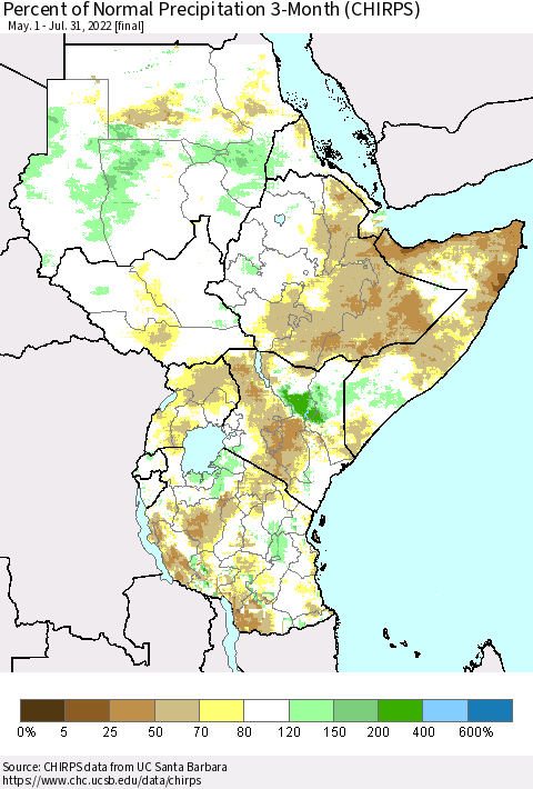Eastern Africa Percent of Normal Precipitation 3-Month (CHIRPS) Thematic Map For 5/1/2022 - 7/31/2022