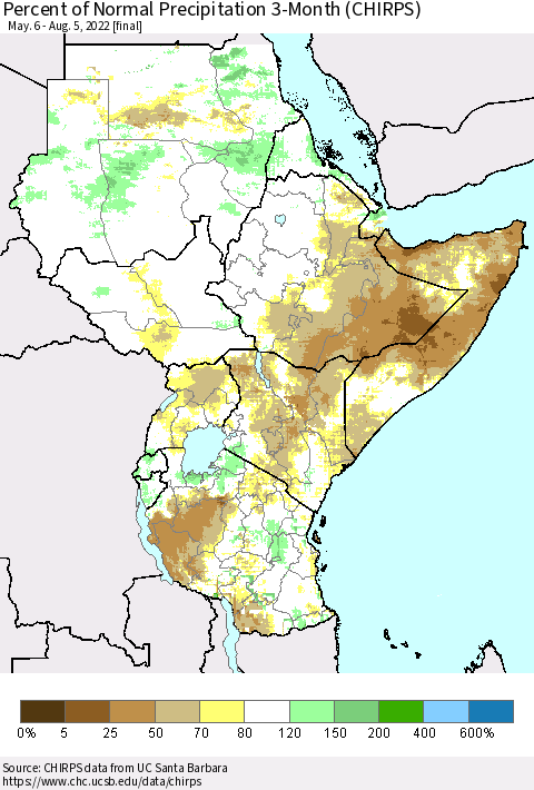 Eastern Africa Percent of Normal Precipitation 3-Month (CHIRPS) Thematic Map For 5/6/2022 - 8/5/2022