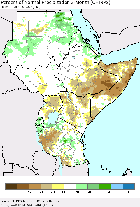 Eastern Africa Percent of Normal Precipitation 3-Month (CHIRPS) Thematic Map For 5/11/2022 - 8/10/2022