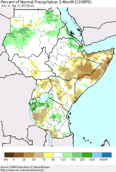 Eastern Africa Percent of Normal Precipitation 3-Month (CHIRPS) Thematic Map For 5/16/2022 - 8/15/2022