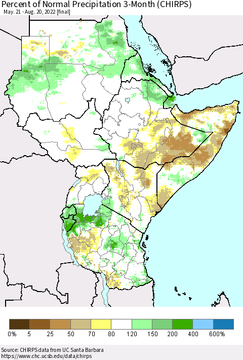 Eastern Africa Percent of Normal Precipitation 3-Month (CHIRPS) Thematic Map For 5/21/2022 - 8/20/2022