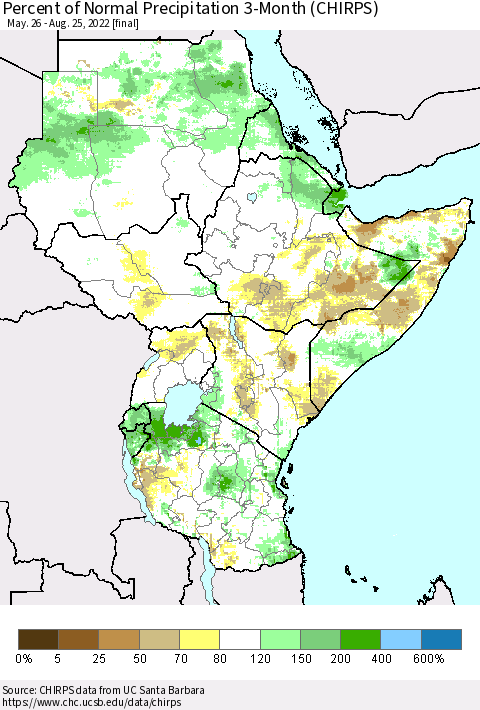 Eastern Africa Percent of Normal Precipitation 3-Month (CHIRPS) Thematic Map For 5/26/2022 - 8/25/2022