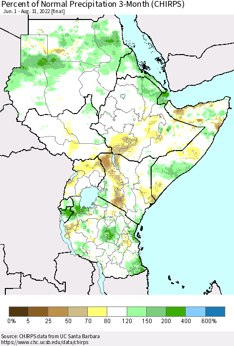 Eastern Africa Percent of Normal Precipitation 3-Month (CHIRPS) Thematic Map For 6/1/2022 - 8/31/2022