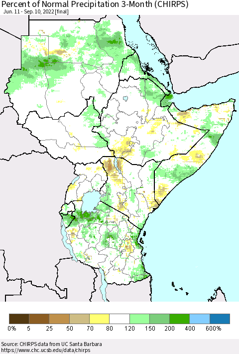 Eastern Africa Percent of Normal Precipitation 3-Month (CHIRPS) Thematic Map For 6/11/2022 - 9/10/2022