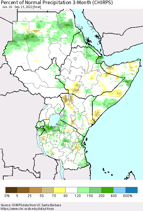 Eastern Africa Percent of Normal Precipitation 3-Month (CHIRPS) Thematic Map For 6/16/2022 - 9/15/2022
